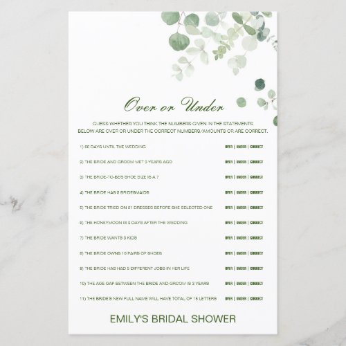 Editable Over or Under Bridal Shower Game