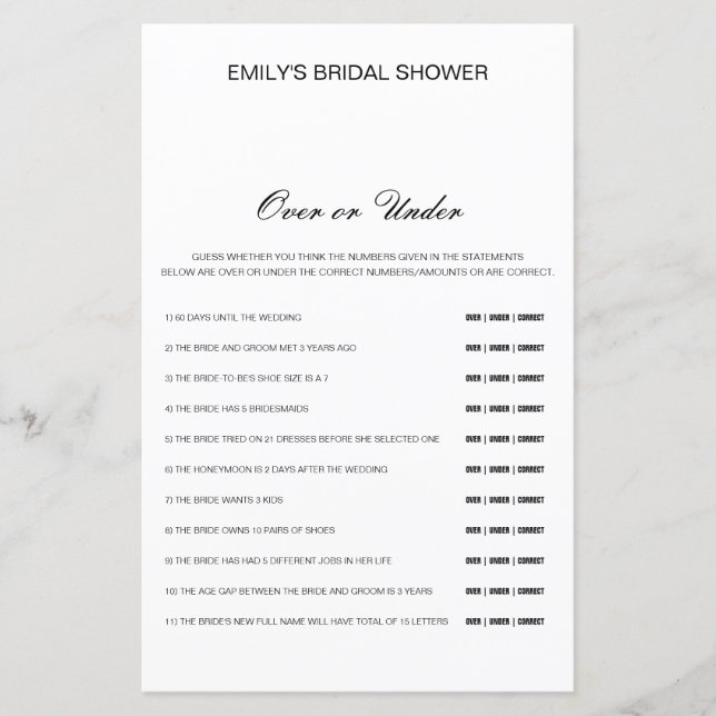 Editable Over or Under Bridal Shower Game (Front)