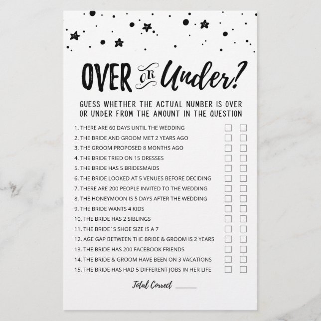 Editable Over or Under Bridal Shower game (Front)
