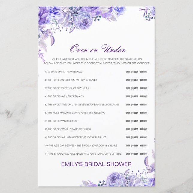 Editable Over or Under Bridal Shower Game (Front)