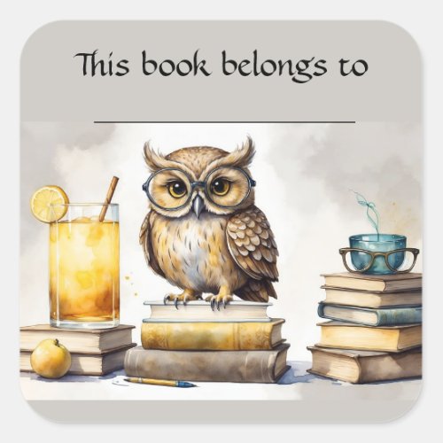 Editable Owl and Books Bookplate Sticker