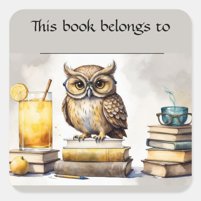 Editable Owl and Books Bookplate Sticker (Front)