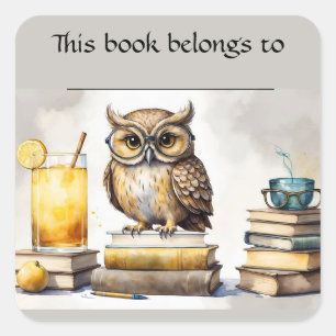 Editable Owl and Books Bookplate Sticker