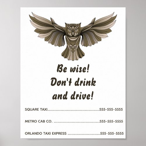 Editable Owl Dont Drink And Drive Taxi List Poster