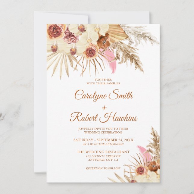 Editable Pampas Grass All In One Wedding Invitation (Front)