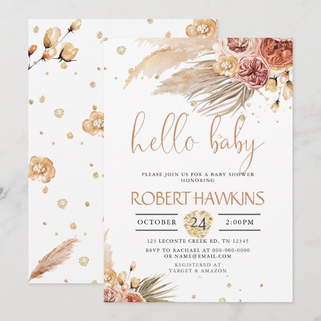 Editable Pampas Grass, Bohemian Baby Shower Invitation (Front/Back)