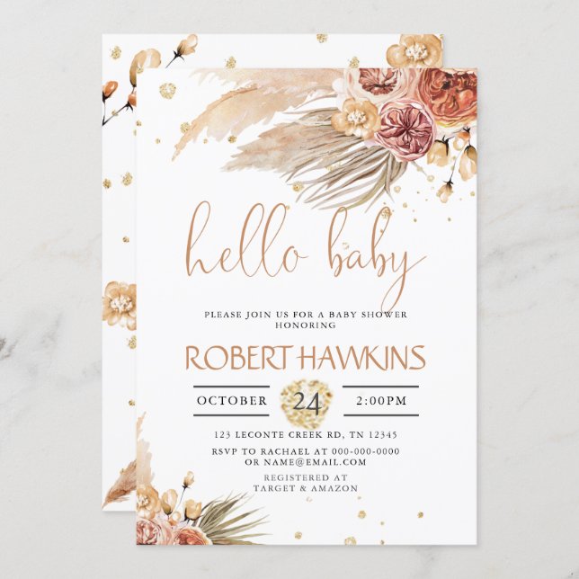 Editable Pampas Grass, Bohemian Baby Shower Invitation (Front/Back)