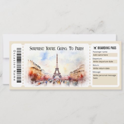 Editable Paris Plane Boarding Pass Ticket Invitation