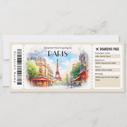 Editable Paris Plane Boarding Pass Ticket Invitation