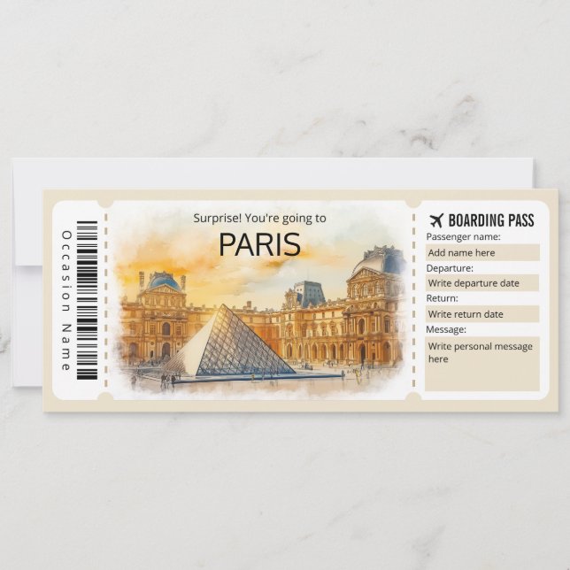 Editable Paris Plane ticket, France Trip Invitation (Front)