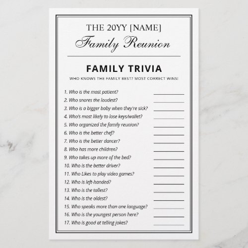 Editable Party Games Trivia & Bingo Family Reunion