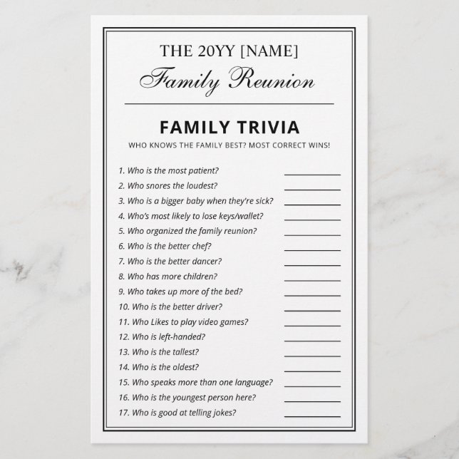 Editable Party Games Trivia & Bingo Family Reunion Flyer (Front)