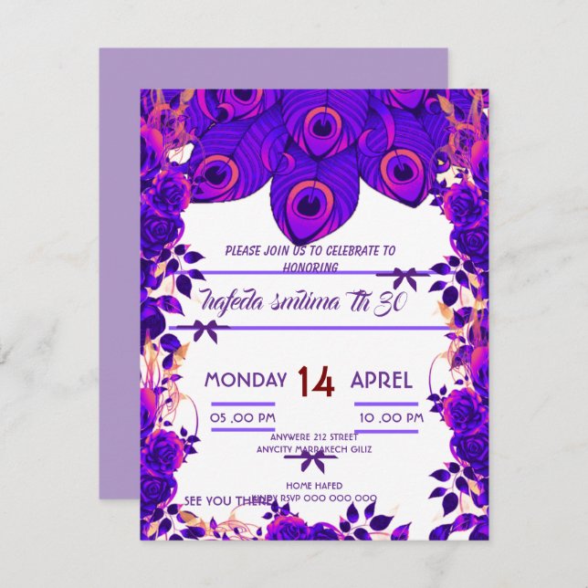 Editable Party Invitations Peacock Feather Glitter (Front/Back)