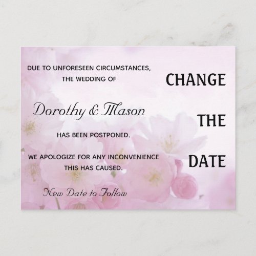 Editable Pastel Pink Rose Petals Wedding Postponed Postcard