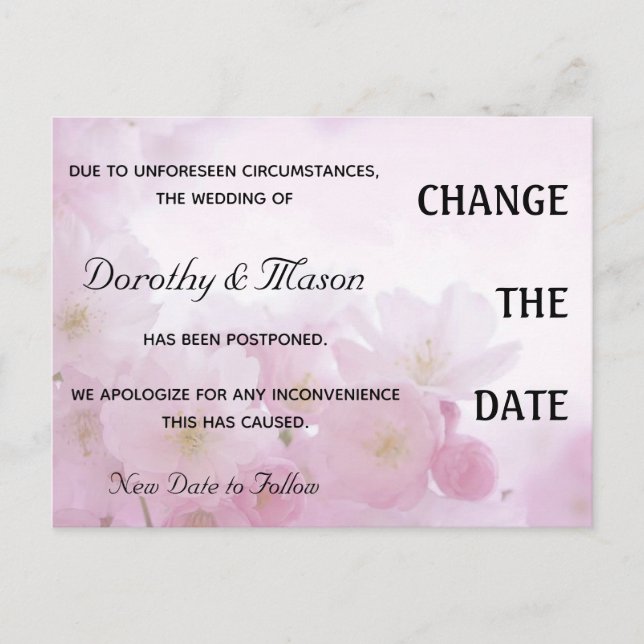 Editable Pastel Pink Rose Petals Wedding Postponed Postcard (Front)