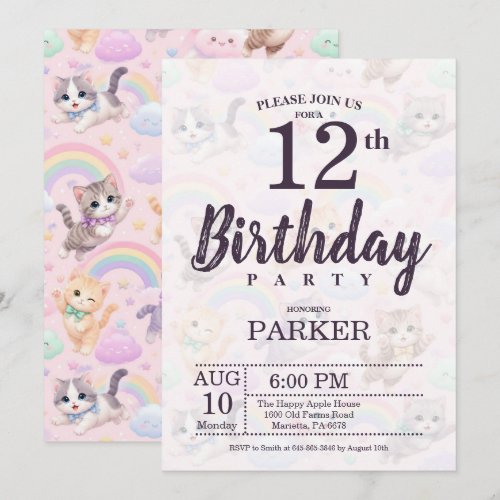 Editable Pastel Rainbow Cat 12th Birthday Party Invitation