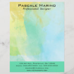 Editable Pastel Watercolour Letterhead<br><div class="desc">This modern, classy, editable letterhead features a pastel watercolour background with a name and job title at the top and a darker strip at the bottom (you can change the colour of the strip) with the contact information. On the back is a field for additional information. These fields on the...</div>