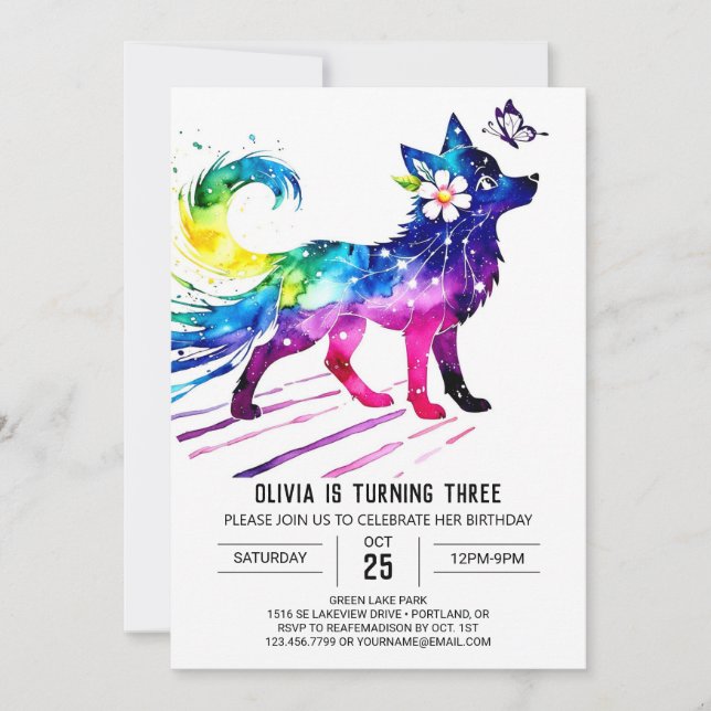 Editable Pastel Wolf Digital Girl Birthday Invitation (Front)