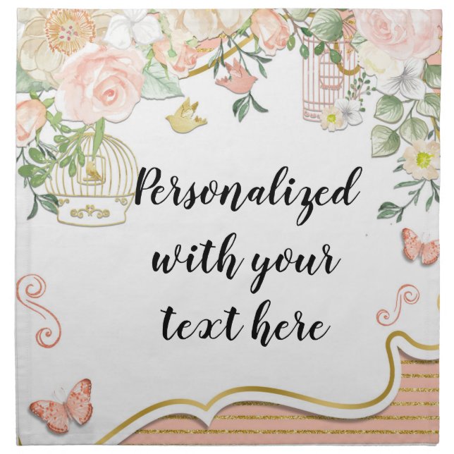 Editable Peach Elegance Roses and Bird Cage Bridal Cloth Napkin (Front)