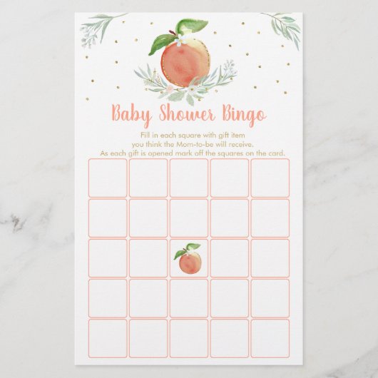 Editable Peach Gold Floral Baby Shower Bingo Game (Front)