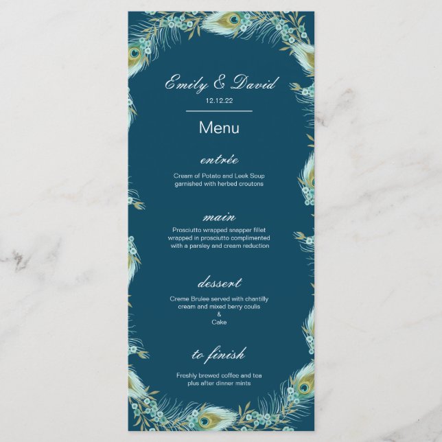 Editable Peacock Menu, Wedding Menu, Baby Shower Menu (Front)