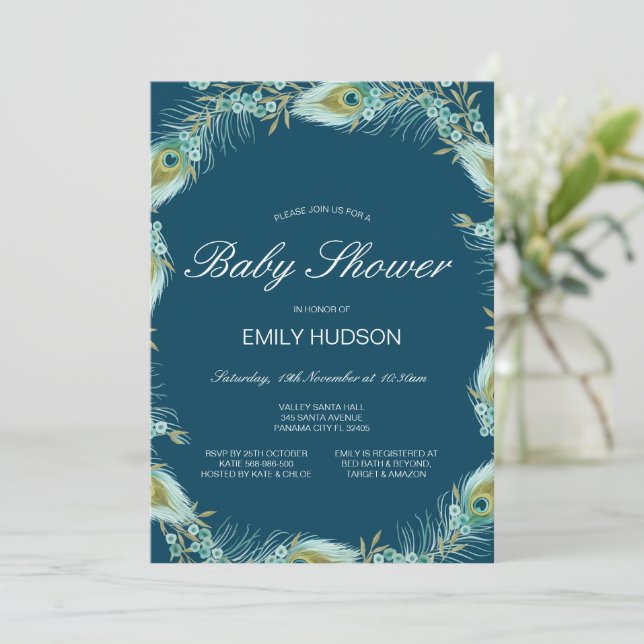 Editable Peacock Themed Baby Shower Invitation (Standing Front)