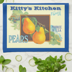 Editable Pears Vintage Fruit Crate Art Kitchen Towel