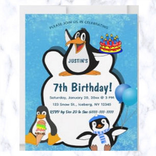 Editable Penguins in Snow Birthday Invitation