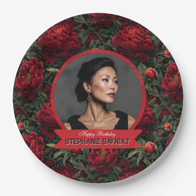 Editable Peonies Flower Garden Birthday  Paper Plates (Front)