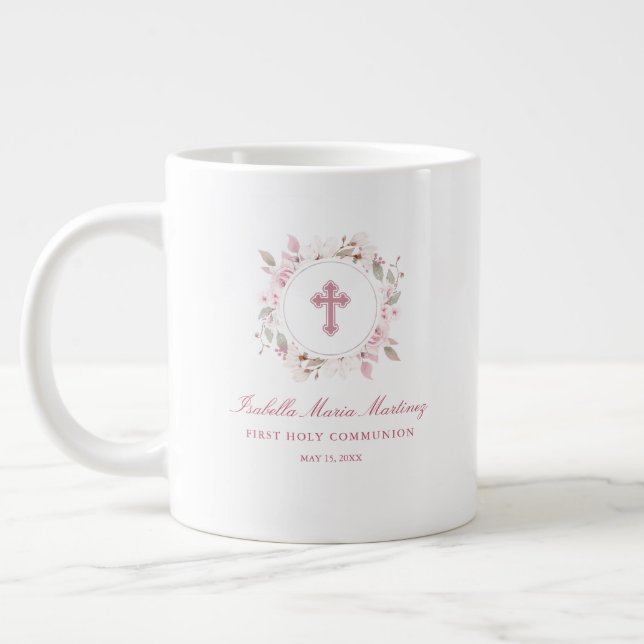 Editable Personalized First Communion Pink Floral Giant Coffee Mug (Left)