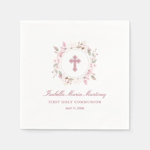 Editable Personalized First Communion Pink Floral Napkins