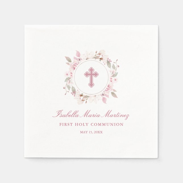 Editable Personalized First Communion Pink Floral Napkins (Front)