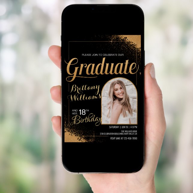 Editable Photo 18th Birthday Graduation Black Gold Invitation (Front Digital)