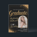 Editable Photo 18th Birthday Graduation Black Gold Invitation<br><div class="desc">This birthday and graduation invitation features a luxurious design with a mysterious black background, sparkling gold, and a prominent portrait photo. The advantage of this design is the harmonious combination of modern and classic styles, creating an overall look that is both formal and personalized. This benefits the user by allowing...</div>