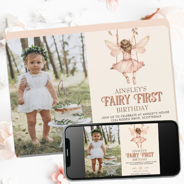 Editable Photo Blush Pink Fairy First 1st Birthday Invitation (Creator Uploaded)