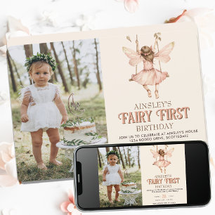 Editable Photo Blush Pink Fairy First 1st Birthday Invitation