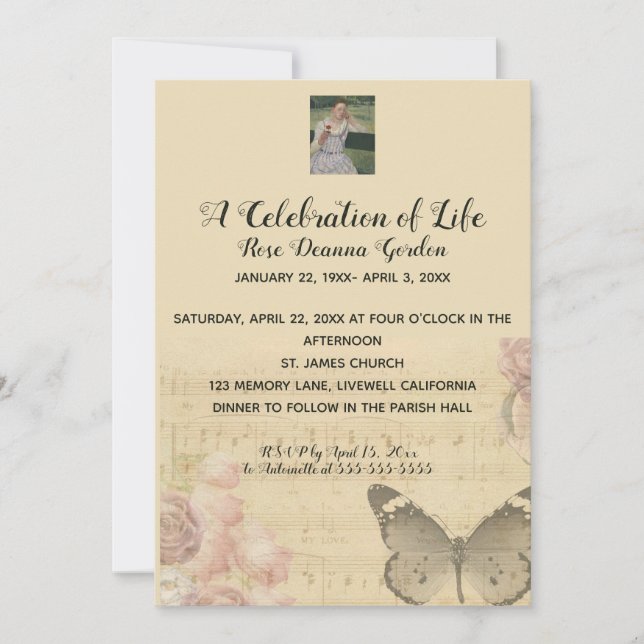 Editable Photo Butterfly Music Celebration of Life Invitation (Front)