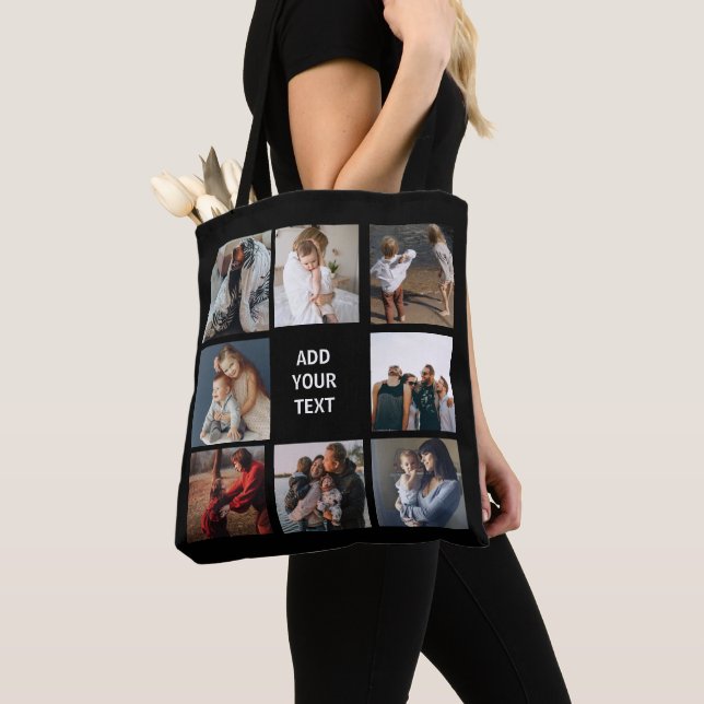 Editable Photo Collage Black Tote Bag (Close Up)