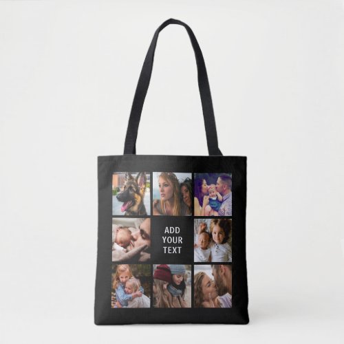 Editable Photo Collage Black Tote Bag - Editable photo collage tote bag featuring a black background, 8 family photos, and a text template that is easy to personalize.