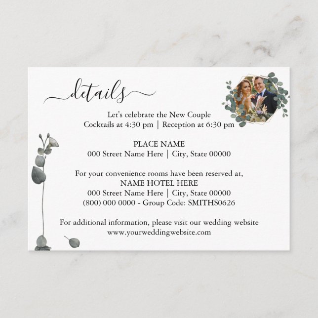 Editable Photo Eucalyptus Wedding Details Enclosur Enclosure Card (Front)