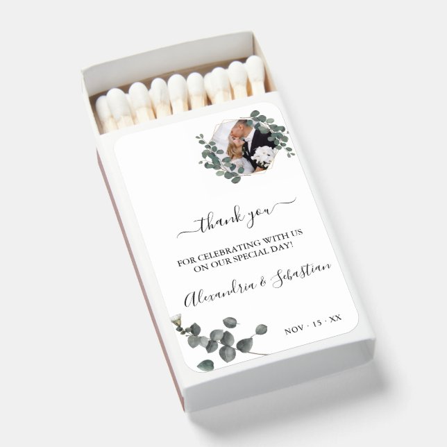 Editable Photo Eucalyptus Wedding Thank You  Matchboxes (Front Open)
