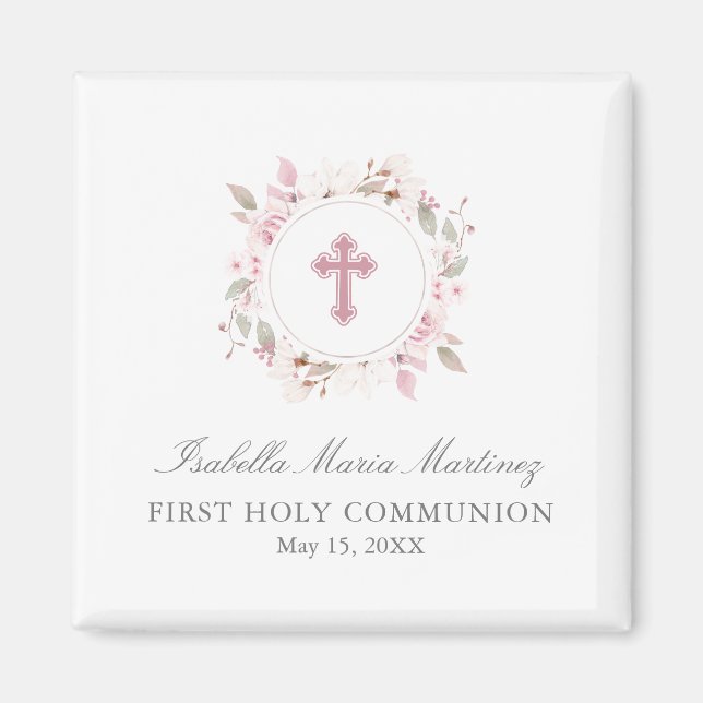 Editable Photo First Communion Pink Flower Favor Magnet (Front)