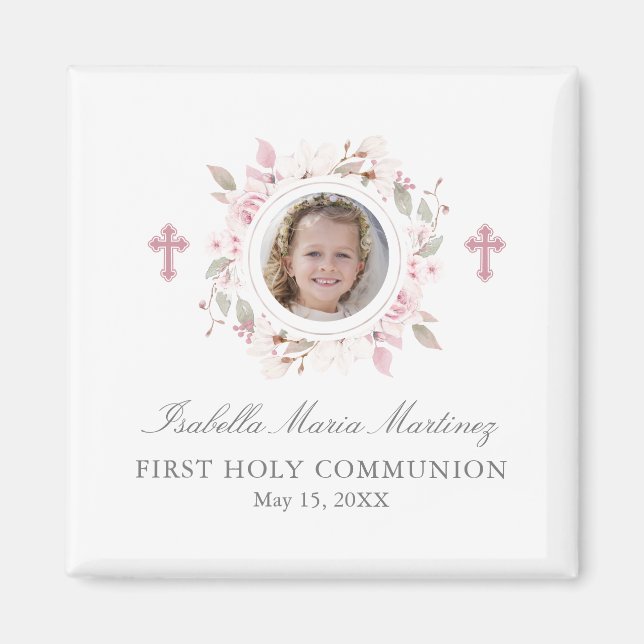 Editable Photo First Communion Pink Flower Favor Magnet (Front)