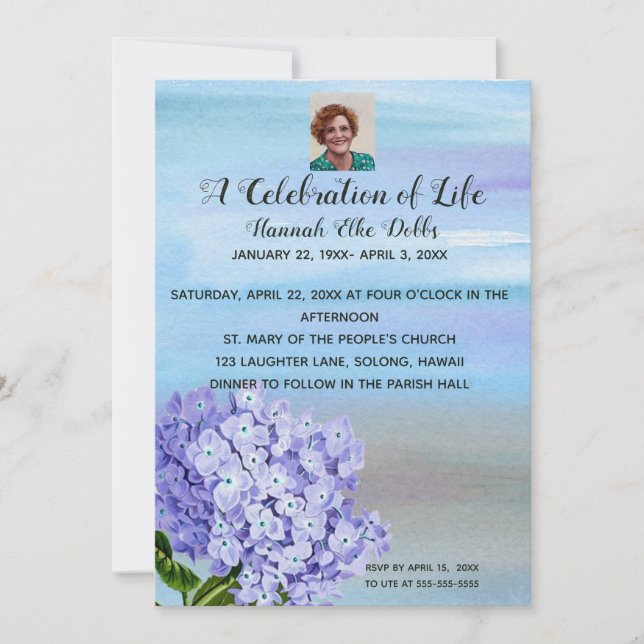 Editable Photo Hydrangea Celebration of Life Invitation (Front)