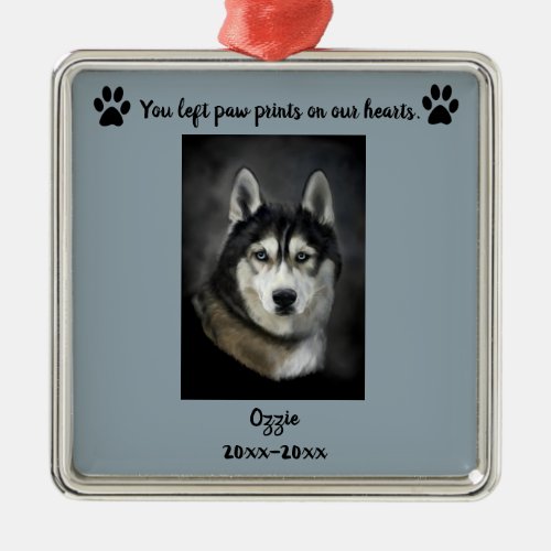 Editable Photo Pet Paw Prints On Our Hearts Metal Ornament