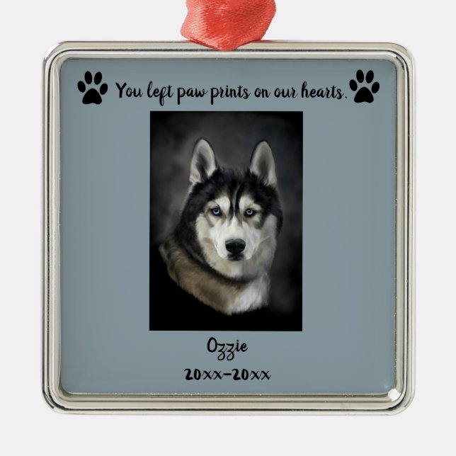 Editable Photo Pet Paw Prints On Our Hearts Metal Ornament (Front)