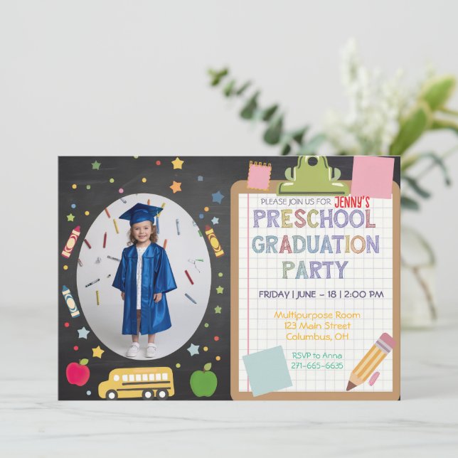 Editable Photo Preschool Graduation Chalkboard  Invitation (Standing Front)
