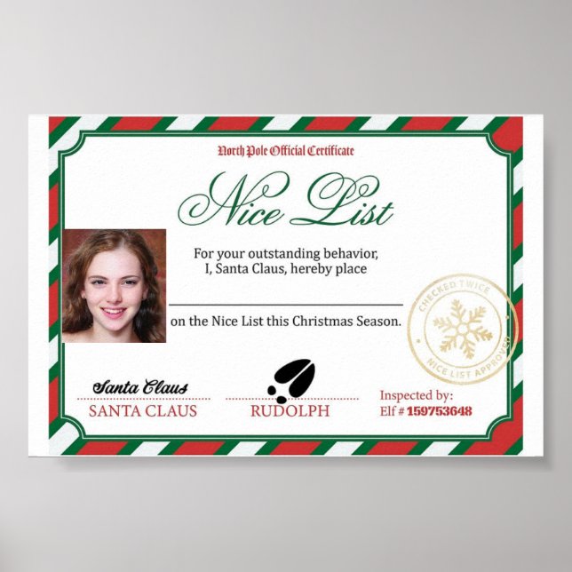 Editable Photo Santas Nice List Certificate Poster (Front)