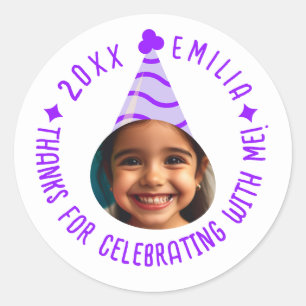 Editable Photo Text Birthday Thanks Party Hat Classic Round Sticker
