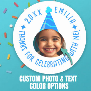 Editable Photo Text Birthday Thanks Party Hat Classic Round Sticker